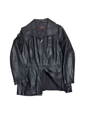 DANIER LEATHER Vintage Y2K Business Casual Black Trench Jacket Coat Womens Large